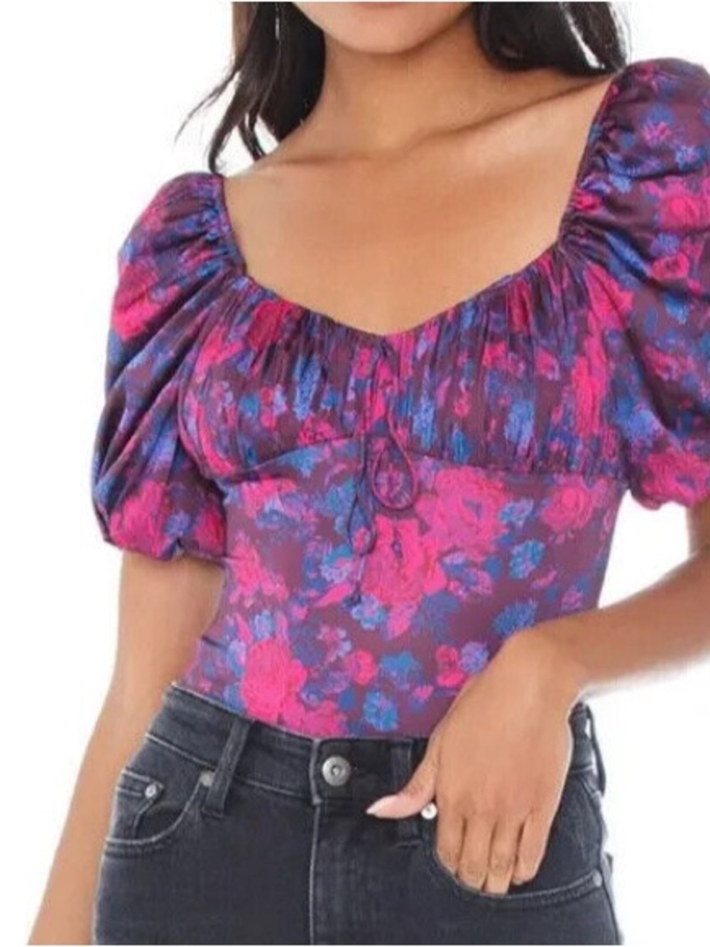 For Love & Lemons Floral Puff-Sleeve Square Neck Bodysuit in Magenta and Purple